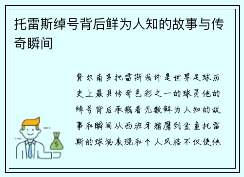 托雷斯绰号背后鲜为人知的故事与传奇瞬间