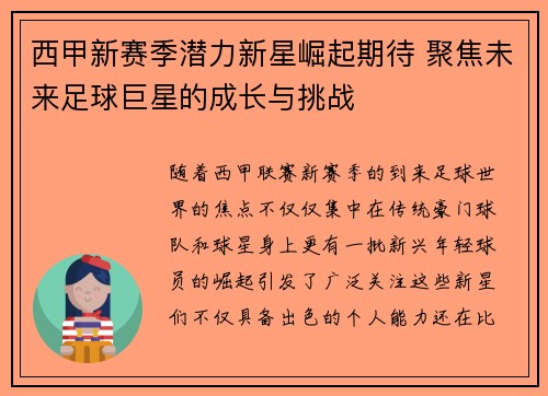 西甲新赛季潜力新星崛起期待 聚焦未来足球巨星的成长与挑战