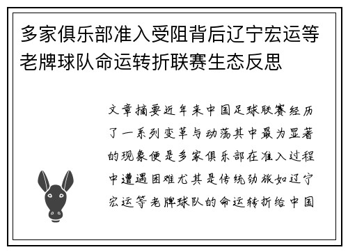 多家俱乐部准入受阻背后辽宁宏运等老牌球队命运转折联赛生态反思